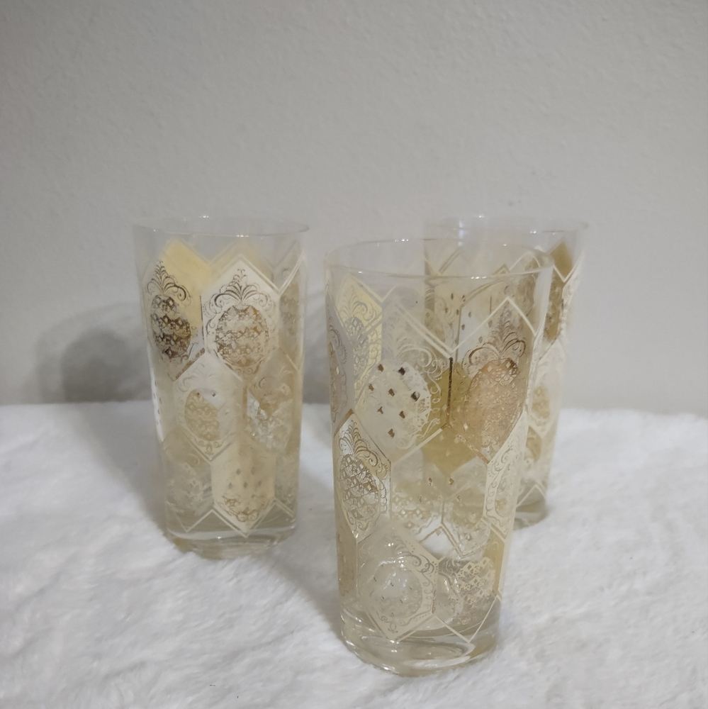 3 Cera Ned Harris Highball Cocktail Glasses 22Kt "6" Pineapple Tumblers